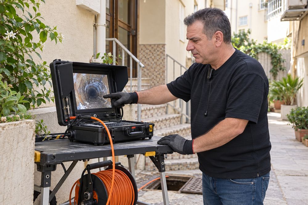 דני בודק תמונת פנים של קו ביוב במסך מצלמת צנרת