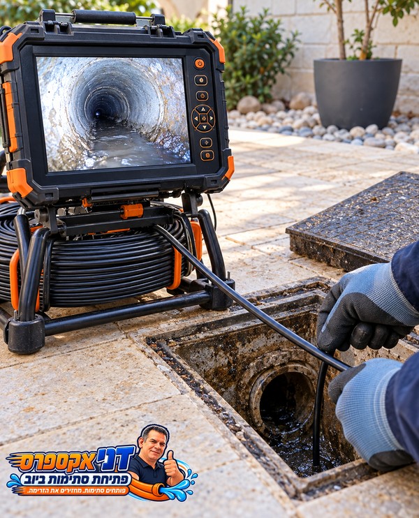 המחשה של צילום קו ביוב באמצעות מצלמה המוחדרת דרך פתח ביקורת בחצר