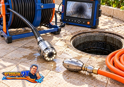 המחשה של מצלמת ביוב וראש שטיפה לצד פתח ביקורת בחצר